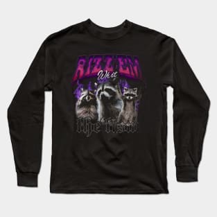 Rizz Em With The Tism Retro Shirt, Vintage Funny Raccoon Graphic Shirt, Autism Awareness, Raccoon Meme Long Sleeve T-Shirt